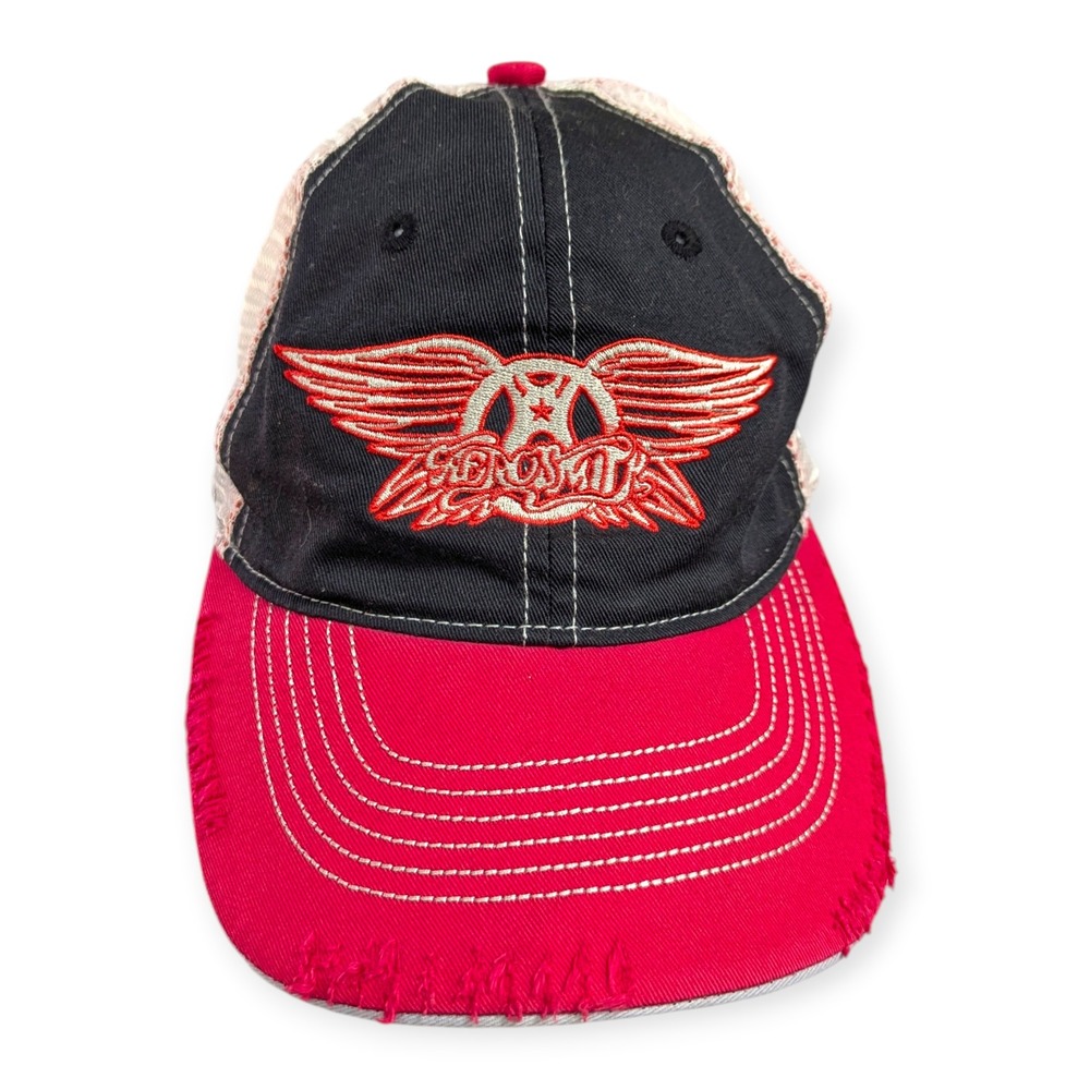 Disney Parks Aerosmith Rock n Roller Coaster Trucker Hat‎ Red Black Distressed
